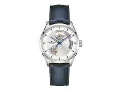 Hamilton Jazzmaster Open Heart Automatik Edelstahl 40mm silbernes Zifferblatt blaues Lederband – Herrenuhren Uhr ohne Datum aus Edelstahl und Leder. Das Gehäuse ist rund und silber. Das Lederarmband ist blau. Das Zifferblatt ist ein Index in silber.