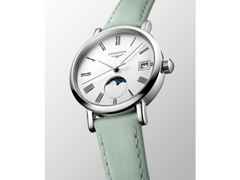 Longines Elegant Collection Quarz Edelstahl 30mm weißes Zifferblatt grünes Lederband – Damenuhren Uhr mit Datum aus Edelstahl und Leder. Das Gehäuse ist rund und silber. Das Lederarmband ist grün. Das Zifferblatt ist römisch und weiß. – Ansicht 2