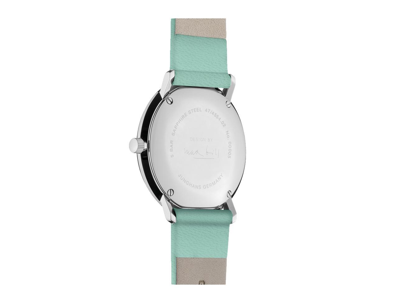 Junghans Max Bill Damen Quarz Edelstahl 32,7mm blaues Zifferblatt blaues Lederband – Damenuhren Uhr mit Datum aus Edelstahl. Das Gehäuse ist rund und silber. Das Lederarmband ist blau. Das Zifferblatt ist ein Index in blau. – Ansicht 2
