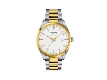 Tissot PR 100 Quarz Edelstahl Gelbgold-PVD 40mm weißes Zifferblatt Metallband – Herrenuhren Uhr mit Datum aus Edelstahl. Das Gehäuse ist rund und silber. Das Edelstahlarmband ist silber-gelbgold. Das Zifferblatt ist ein Index in weiß.