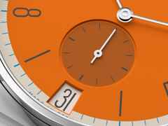 Nomos Glashütte Tangente 38 Datum "175 Years Watchmaking - Boje" Handaufzug Edelstahl orangenes Zifferblatt graues Textilband Glasboden – Herrenuhren Uhr mit Datum aus Edelstahl. Das Gehäuse ist rund und silber. Das Textilarmband ist grau. Das Zifferblatt ist arabisch Index und orange. – Ansicht 6