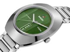 Rado DiaStar Original Automatik Ceramos 38 mm grün Edelstahlband – Herrenuhren Uhr mit Datum aus Edelstahl und Keramik. Das Gehäuse ist oval und silber. Das Edelstahlarmband ist silber. Das Zifferblatt ist ein Index in grün. – Ansicht 2