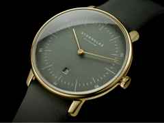 Sternglas Naos XS Edition Flora Quarz Edelstahl PVD-Gelbgold 33mm grünes Zifferblatt grünes Lederband – Damenuhren Uhr mit Datum aus Edelstahl und PVD beschichtet. Das Gehäuse ist rund und gelbgold. Das Lederarmband ist grün. Das Zifferblatt ist ein Index in grün. – Ansicht 5