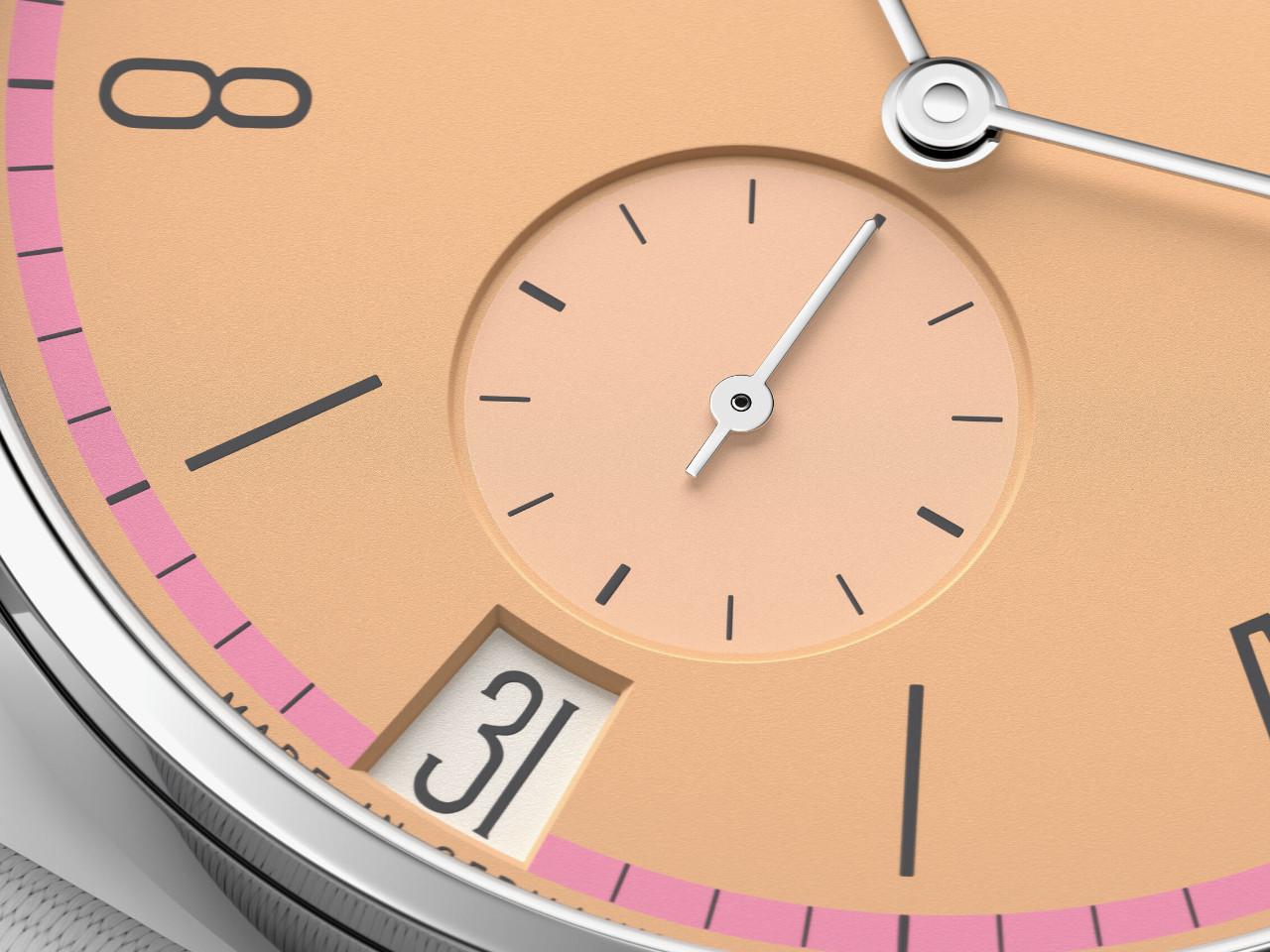 Nomos Glashütte Tangente 38 Datum "175 Years Watchmaking - Pastell" Handaufzug Edelstahl korallfarbenes Zifferblatt graues Textilband Glasboden – Herrenuhren Uhr mit Datum aus Edelstahl. Das Gehäuse ist rund und silber. Das Textilarmband ist grau. Das Zifferblatt ist arabisch Index und orange. – Ansicht 6