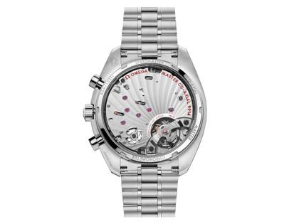 Omega Speedmaster Mondphase Chronograph Handaufzug Edelstahl 43mm graues Zifferblatt Metallband – Herrenuhren Chronograph aus Edelstahl und Titan. Das Gehäuse ist rund und silber. Das Edelstahlarmband ist silber. Das Zifferblatt ist ein Index in grau. – Ansicht 3
