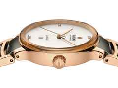 Rado Centrix Diamonds Automatik Edelstahl Roségold-PVD 30,5mm weißes Zifferblatt mit Brillanten Metallband – Damenuhren Uhr mit Datum aus Edelstahl, Keramik und PVD beschichtet. Das Gehäuse ist rund und roségold. Das Keramikarmband ist grau. Das Zifferblatt ist ein Index in weiß. – Ansicht 3