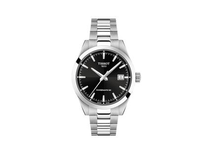 Tissot Gentleman Automatik Edelstahl 38mm schwarzes Zifferblatt Metallband – Herrenuhren Uhr mit Datum aus Edelstahl. Das Gehäuse ist rund und silber. Das Edelstahlarmband ist silber. Das Zifferblatt ist ein Index in schwarz.