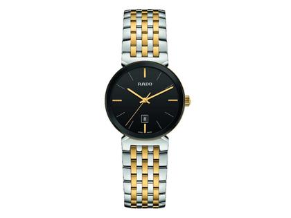 Damenuhren Uhr mit Datum aus Edelstahl und PVD beschichtet. Das Gehäuse ist rund und silber-gelbgold. Das Edelstahlarmband ist silber-gelbgold. Das Zifferblatt ist ein Index in schwarz.