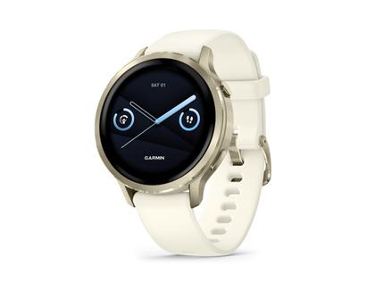 Garmin Venu 4 Quarz Edelstahl und Polymer Lunargold 41mm digitales Zifferblatt beiges Silikonband – Herrenuhren Uhr Multifunktion aus Edelstahl, Faserverstärktes Polymer und PVD beschichtet. Das Gehäuse ist rund und gelbgold. Das Kautschuk / Kunststoff / Silikon Armband ist beige. Das Zifferblatt ist digital und schwarz. – Ansicht 2