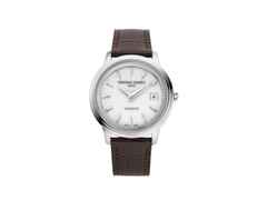 Frederique Constant Classics Moneta Solarmetre Quarz Edelstahl 39mm weißes Zifferblatt braunes Lederband und Metallband – Herrenuhren Uhr mit Datum aus Edelstahl. Das Gehäuse ist rund und silber. Das Lederarmband ist braun. Das Zifferblatt ist ein Index in weiß.