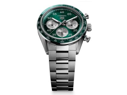 TAG Heuer Carrera Chronograph Sport Automatik Edelstahl 42mm grünes Zifferblatt Metallband – Herrenuhren Chronograph aus Edelstahl und Keramik. Das Gehäuse ist rund und silber. Das Edelstahlarmband ist silber. Das Zifferblatt ist arabisch Index und grün. – Ansicht 2