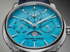 Frederique Constant Manufacture Classic Perpetual Calendar Automatik Edelstahl 40mm türkises Zifferblatt blaues Lederband limitiert – Herrenuhren Uhr mit Kalender aus Edelstahl und Leder. Das Gehäuse ist rund und silber. Das Lederarmband Kroko / Alligator ist blau. Das Zifferblatt ist ein Index in türkis. – Ansicht 4