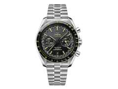 Omega Speedmaster Super Racing Chronograph Automatik Edelstahl 44mm schwarzes Zifferblatt Metallband – Herrenuhren Chronograph aus Edelstahl und Keramik. Das Gehäuse ist rund und silber. Das Edelstahlarmband ist silber. Das Zifferblatt ist ein Index in schwarz.
