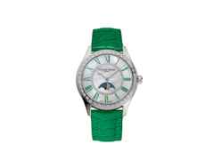 Frederique Constant Classics Elegance Luna Automatik Edelstahl 36mm weißes Zifferblatt grünes Lederband – Damenuhren Uhr ohne Datum aus Edelstahl und Leder. Das Gehäuse ist rund und silber. Das Lederarmband ist grün. Das Zifferblatt ist römisch und weiß.