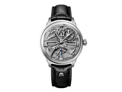 Maurice Lacroix 1975 Master Grand Date Retrograde Automatik Edelstahl 42mm skelettiertes Zifferblatt schwarzes Lederband limitiert – Herrenuhren Uhr mit Datum aus Edelstahl und Leder. Das Gehäuse ist rund und silber. Das Lederarmband ist schwarz. Das Zifferblatt ist skelettiert und grau.
