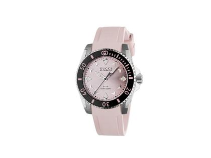Damenuhren Uhr ohne Datum aus Edelstahl und Keramik. Das Gehäuse ist rund und silber. Das Kautschuk / Kunststoff / Silikon Armband ist rosa. Das Zifferblatt ist ein Index in rosa.