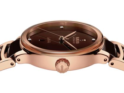 Rado Centrix Diamonds Automatik Edelstahl Roségold-PVD 30,5mm braunes Zifferblatt mit Brillanten Metallband – Damenuhren Uhr mit Datum aus Edelstahl, Keramik und PVD beschichtet. Das Gehäuse ist rund und roségold. Das Keramikarmband ist braun. Das Zifferblatt ist ein Index in braun. – Ansicht 3