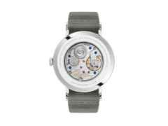 Nomos Glashütte Tangente 38 Datum "175 Years Watchmaking - Haifischgrau" Handaufzug Edelstahl graues Zifferblatt graues Textilband Glasboden – Herrenuhren Uhr mit Datum aus Edelstahl. Das Gehäuse ist rund und silber. Das Textilarmband ist grau. Das Zifferblatt ist arabisch Index und grau. – Ansicht 2