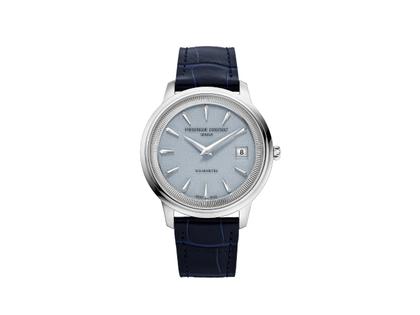 Frederique Constant Classics Moneta Solarmetre Quarz Edelstahl 39mm blaues Zifferblatt blaues Lederband und Metallband – Herrenuhren Uhr mit Datum aus Edelstahl. Das Gehäuse ist rund und silber. Das Lederarmband ist blau. Das Zifferblatt ist ein Index in blau.