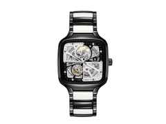 Rado True Square Open Heart Diamonds Automatik Keramik 38mm schwarzes Zifferblatt schwarzes Keramikband limitiert – Herrenuhren Uhr ohne Datum aus Keramik und Titan. Das Gehäuse ist quadratisch und schwarz. Das Keramikarmband ist schwarz. Das Zifferblatt ist skelettiert und schwarz.