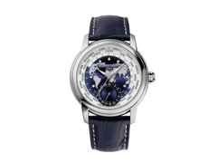 Frederique Constant Classics Worldtimer Manufacture GMT Automatik Edelstahl 42mm blaues Zifferblatt blaues Lederband Limited Edition – Herrenuhren Uhr mit Datum aus Edelstahl und Leder. Das Gehäuse ist rund und silber. Das Lederarmband Kroko / Alligator ist blau. Das Zifferblatt ist ein Index in blau.