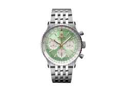 Breitling Navitimer B01 Chronograph 41 Edelstahl grünes Zifferblatt Metallband – Herrenuhren Chronograph aus Edelstahl. Das Gehäuse ist rund und silber. Das Edelstahlarmband ist silber. Das Zifferblatt ist ein Index in grün.