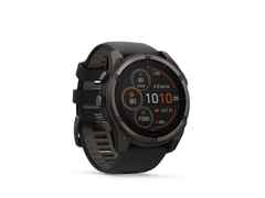 Garmin fenix 8 51mm Sapphire Solar faserverstärktes Polymer Titan carbongrau beschichtet schwarzes Kautschukband – Herrenuhren Uhr Multifunktion aus DLC beschichtet, Kautschuk und Titan. Das Gehäuse ist rund und grau. Das Kautschuk / Kunststoff / Silikon Armband ist schwarz. Das Zifferblatt ist digital und schwarz. – Ansicht 8