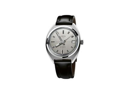 Oris Star Automatik Edelstahl 35mm silbernes Zifferblatt schwarzes Lederband – Damenuhren Uhr mit Datum aus Edelstahl und Leder. Das Gehäuse ist rund und silber. Das Lederarmband ist schwarz. Das Zifferblatt ist ein Index in silber.