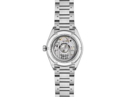 TAG Heuer Carrera Date Automatik Edelstahl 36mm weißes Perlmutt-Zifferblatt mit Brillanten Metallband – Damenuhren Uhr mit Datum aus Edelstahl. Das Gehäuse ist rund und silber. Das Edelstahlarmband ist silber. Das Zifferblatt ist ein Index in weiß. – Ansicht 2
