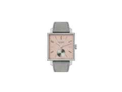 Nomos Glashütte Tetra Die Kapriziöse Handaufzug Edelstahl 29mm beiges Zifferblatt graues Veloursband Glasboden – Damenuhren Uhr ohne Datum aus Edelstahl und Leder. Das Gehäuse ist quadratisch und silber. Das Lederarmband ist grau. Das Zifferblatt ist arabisch Index und beige.