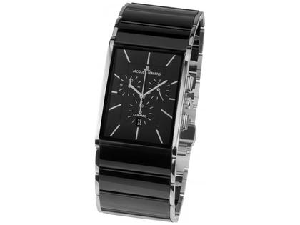 Herrenuhren Chronograph aus Edelstahl und Keramik. Das Gehäuse ist rechteckig und silber. Das Edelstahlarmband ist schwarz. Das Zifferblatt ist ein Index in schwarz.