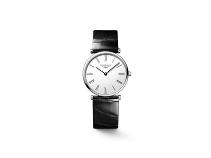 Longines La Grande Classique Quarz Edelstahl 29mm weißes Zifferblatt schwarzes Lederband – Damenuhren Uhr ohne Datum aus Edelstahl. Das Armband ist ein Lederarmband. Der Zifferblatt ist römisch.