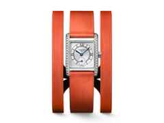 Longines DolceVita   Mini Quarz Edelstahl 22x29mm silbernes Zifferblatt orangefarbenes Lederband – Damenuhren Uhr ohne Datum aus Edelstahl und Leder. Das Gehäuse ist rechteckig und silber. Das Lederarmband ist orange. Das Zifferblatt ist römisch und silber. – Ansicht 4