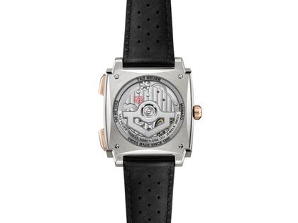 TAG Heuer Monaco Chronograph Automatik Titan und Roségold 39mm schwarzes Zifferblatt schwarzes Lederband – Herrenuhren Chronograph aus 750 Rotgold und Titan. Das Gehäuse ist quadratisch und silber-roségold. Das Lederarmband ist schwarz. Das Zifferblatt ist ein Index in schwarz. – Ansicht 2