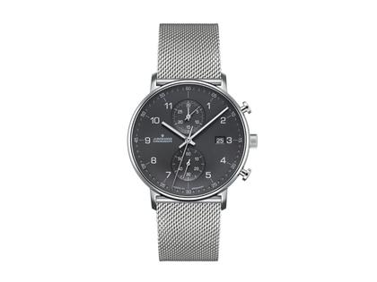 Junghans FORM C Chronograph Quarz Edelstahl 40mm graues Zifferblatt Metallband – Herrenuhren Chronograph aus Edelstahl. Das Gehäuse ist rund und silber. Das Edelstahlarmband ist silber. Das Zifferblatt ist arabisch Index und grau.