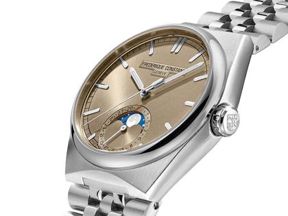 Frederique Constant Highlife Moonphase Date Manufacture Automatik Edelstahl 39mm beiges Zifferblatt Metallband und blaues Lederband – Herrenuhren Uhr mit Datum aus Edelstahl und Leder. Das Gehäuse ist rund und silber. Das Edelstahlarmband ist silber. Das Zifferblatt ist ein Index in beige. – Ansicht 2
