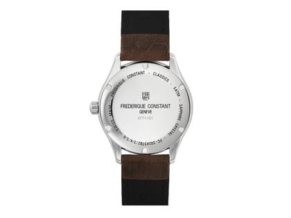 Frederique Constant Classics Index Automatik Edelstahl 40mm silberfarbenes Zifferblatt braunes Lederband – Herrenuhren Uhr mit Datum aus Edelstahl und Leder. Das Gehäuse ist rund und silber. Das Lederarmband ist braun. Das Zifferblatt ist ein Index in silber. – Ansicht 3