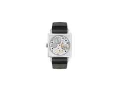 Nomos Glashütte Tetra 27 Duo Handaufzug Edelstahl 27mm weißes Zifferblatt schwarzes Lederband Glasboden – Damenuhren Uhr ohne Datum aus Edelstahl und Leder. Das Gehäuse ist quadratisch und silber. Das Lederarmband ist schwarz. Das Zifferblatt ist arabisch Index und weiß. – Ansicht 2