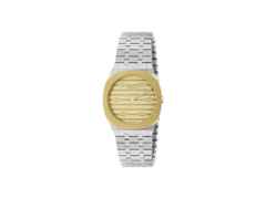Gucci 25H Quarz Edelstahl 30mm goldenes Zifferblatt Metallband YA163502 – Damenuhren Uhr ohne Datum aus 750 Gelbgold, Edelstahl und vergoldet. Das Gehäuse ist rund und silber-gelbgold. Das Edelstahlarmband ist silber. Das Zifferblatt ist ohne Zeichen und gelbgold.