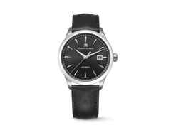 Maurice Lacroix 1975 Automatik Edelstahl 40mm schwarzes Zifferblatt schwarzes Lederband – Herrenuhren Uhr mit Datum aus Edelstahl. Das Gehäuse ist rund und silber. Das Edelstahlarmband ist schwarz. Das Zifferblatt ist ein Index in schwarz.