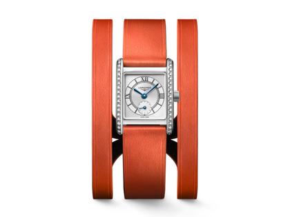 Longines DolceVita   Mini Quarz Edelstahl 22x29mm silbernes Zifferblatt orangefarbenes Lederband – Damenuhren Uhr ohne Datum aus Edelstahl und Leder. Das Gehäuse ist rechteckig und silber. Das Lederarmband ist orange. Das Zifferblatt ist römisch und silber. – Ansicht 4