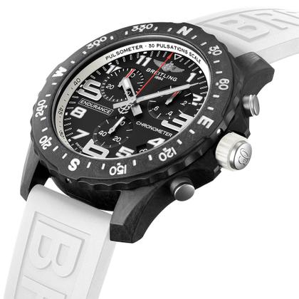 Breitling Endurance Pro 44 Chronograph Quarz Breitlight schwarzes Zifferblatt weißes Kautschukband – Herrenuhren Chronograph aus Sonstiges. Das Gehäuse ist rund und schwarz. Das Kautschuk / Kunststoff / Silikon Armband ist weiß. Das Zifferblatt ist arabisch und schwarz. – Ansicht 3