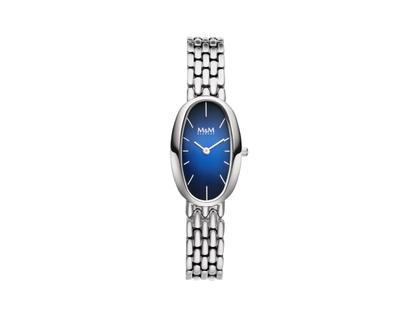 M&M Ring-O Retro Quarz Edelstahl 34x22mm blaues Zifferblatt Metallband – Damenuhren Uhr ohne Datum aus Edelstahl. Das Gehäuse ist oval und silber. Das Edelstahlarmband ist silber. Das Zifferblatt ist ein Index in blau.