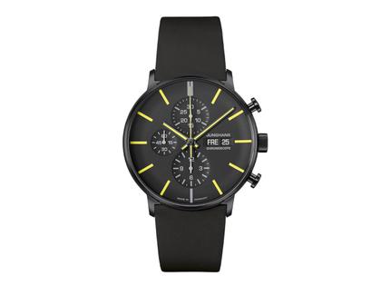 Junghans FORM A Chronoscope Automatik Edelstahl PVD-Schwarz 42mm schwarzes Zifferblatt schwarzes Lederband – Herrenuhren Chronograph aus Edelstahl, Leder und PVD beschichtet. Das Gehäuse ist rund und schwarz. Das Lederarmband ist schwarz. Das Zifferblatt ist ein Index in schwarz.