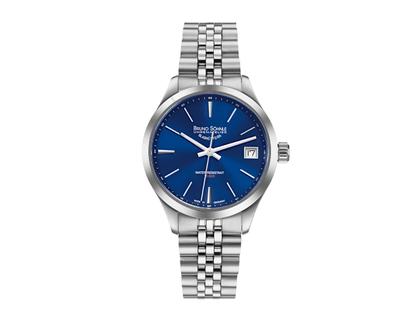 Bruno Söhnle Glashütte Turin II Small Quarz Edelstahl 34mm blaues Zifferblatt Metallband – Herrenuhren Uhr mit Datum aus Edelstahl. Das Gehäuse ist rund und silber. Das Edelstahlarmband ist silber. Das Zifferblatt ist ein Index in blau.