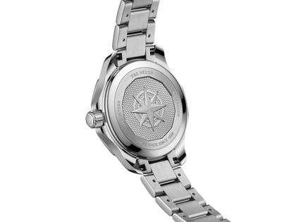 TAG Heuer Aquaracer Professional 200 Solargraph Quarz Edelstahl 34mm weißes Perlmutt-Zifferblatt mit Brillanten Metallband – Damenuhren Uhr mit Datum aus Edelstahl. Das Gehäuse ist rund und silber. Das Edelstahlarmband ist silber. Das Zifferblatt ist ein Index in weiß. – Ansicht 3