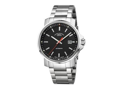 Mühle Glashütte 29er Big Automatik Edelstahl 42,4mm schwarzes Zifferblatt Metallband – Herrenuhren Uhr mit Datum aus Edelstahl. Das Gehäuse ist rund und silber. Das Edelstahlarmband ist silber. Das Zifferblatt ist ein Index in schwarz.