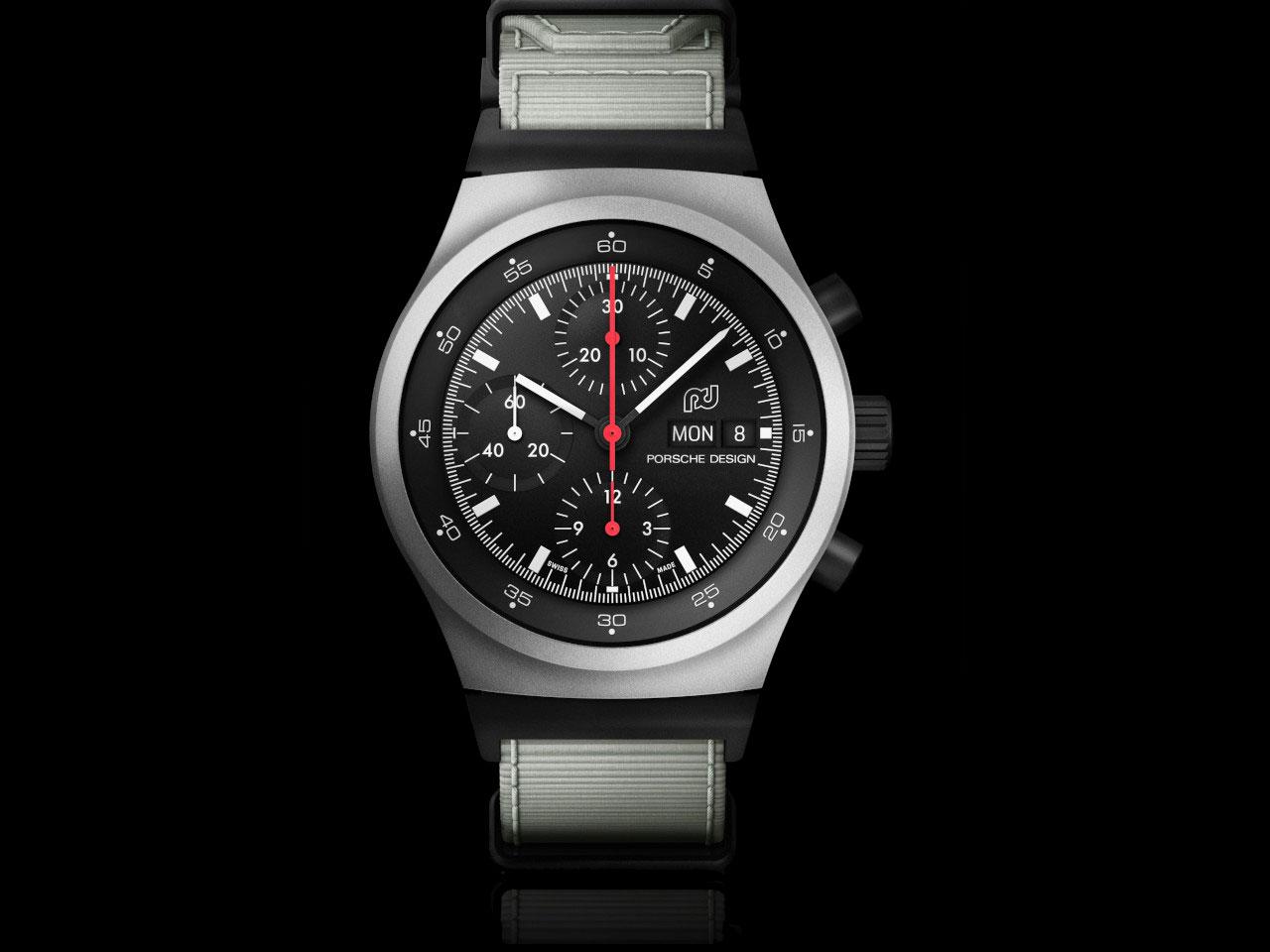 Porsche Design Chronograph 1 - 1972 Limited Edition GP 2023 – Herrenuhren Chronograph aus Titan. Das Gehäuse ist rund und silber. Das Textilarmband ist weiß. Das Zifferblatt ist ein Index in schwarz. – Ansicht 6