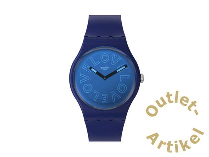 Swatch "Love to go around" Quarz Kunststoff 41mm blaues Zifferblatt blaues Silikonband – Herrenuhren Uhr ohne Datum aus Kunststoff. Das Gehäuse ist rund und blau. Das Kautschuk / Kunststoff / Silikon Armband ist blau. Das Zifferblatt ist ein Index in blau.