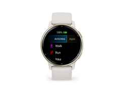 Garmin vívoactive 5 faserverstärktes Polymer elfenbein-/cremgoldfarben 42mm elfenbeinfarbenes Kautschukband – Damenuhren Uhr Multifunktion aus eloxiertes Aluminium, Kautschuk, Kunststoff und PVD beschichtet. Das Gehäuse ist rund und elfenbein. Das Kautschuk / Kunststoff / Silikon Armband ist elfenbein. Der Zifferblatt ist digital.